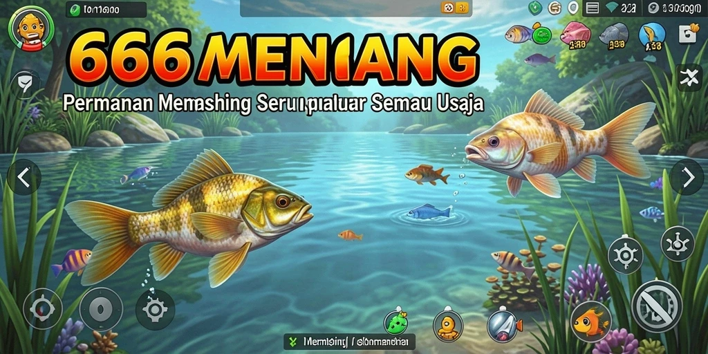 Antarmuka menarik dalam game Memancing 666MENANG yang menunjukkan aksi menangkap ikan.