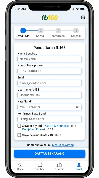 Tampilan halaman daftar fb168